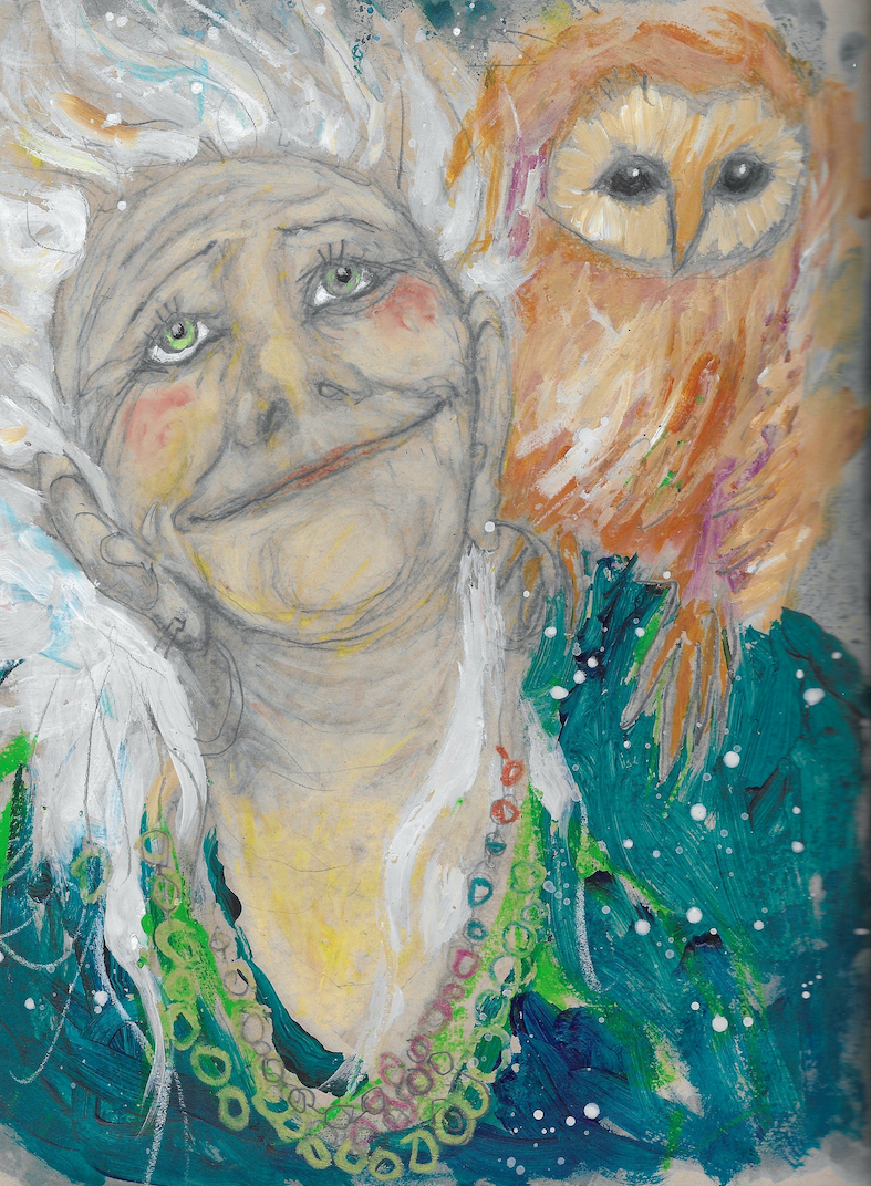 Peinture d'une femme âgée et d'un hibou posé sur son épaule